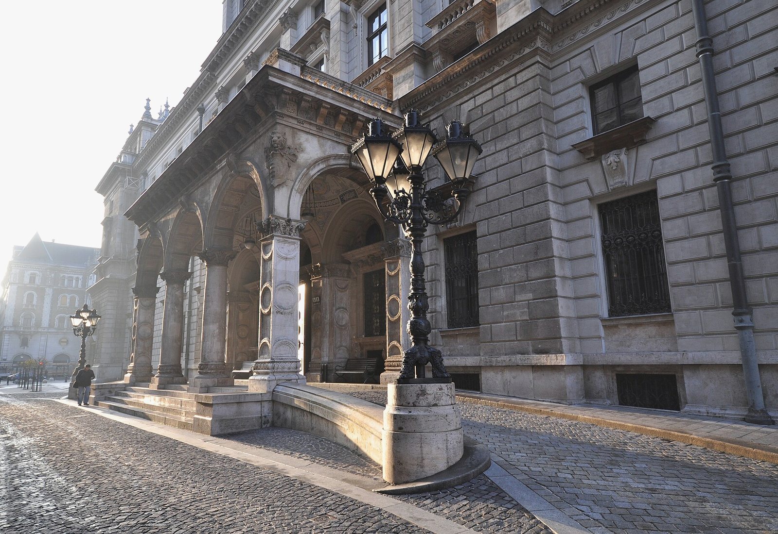 The exterior of the Royal Opera House on a misty morning